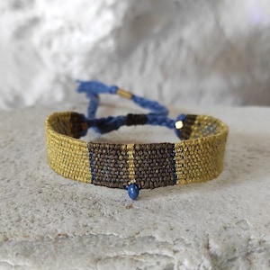Handwoven Bracelet with Hemp Silk Linen and Lapis Lazuli Gem - Ochre Brown Blue & Gold - Fiber Bracelet - Hand Loomed - Woven Jewelry