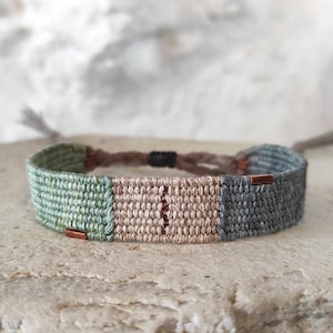 Handwoven Bracelet - Aqua Green, Blue, Sand & Copper - Fiber Bracelet with Silk and Linen - Woven Minimalist Bracelet - Textile Jewelry