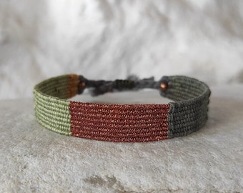 Handwoven Bracelet - Olive Green and Copper - Fiber Bracelet - Silk & Linen - Mini Weaving - Woven Minimalist Bracelet - Slow Jewelry