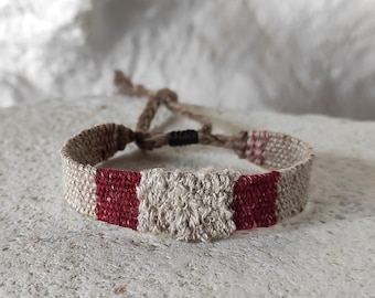 Handwoven Linen Bracelet - Oatmeal and Red - Fiber Bracelet with Natural Undyed Linen - Woven Minimalist Bracelet - Wabi Sabi - Hand Loomed