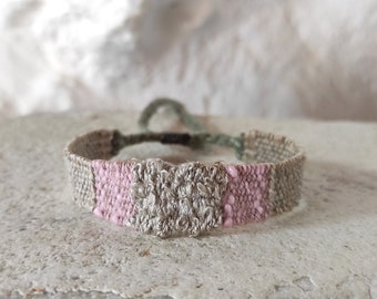 Handwoven Linen Bracelet - Fiber Bracelet in Natural Undyed Flax Color and Dusty Rose - Woven Minimalist Bracelet - Handmade mini Weaving