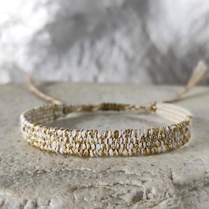 Narrow Woven Bracelet White and Gold - Fiber Bracelet - Silk Linen Cotton & Lurex - Handwoven Minimalist Bracelet - Textile Jewelry