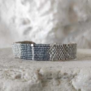 Handwoven Bracelet with Hematite Gem - Sand, Aqua Blue and Silver Tones - Fiber Bracelet - Linen Silk Cotton - Woven Minimalist Bracelet