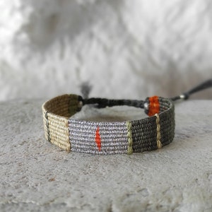 Handwoven Bracelet - Olive Green Sand and Silver - Fiber Bracelet - Silk & Linen - Mini Weaving - Woven Minimalist Bracelet - Hand Loomed