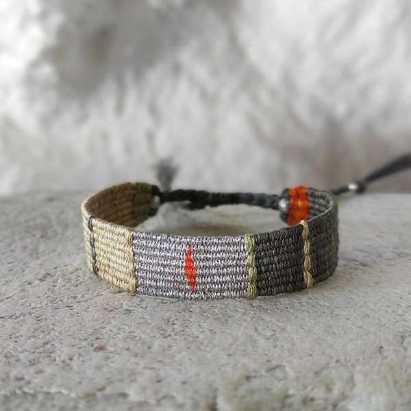 Handwoven Bracelet - Olive Green Sand and Silver - Fiber Bracelet - Silk & Linen - Mini Weaving - Woven Minimalist Bracelet - Hand Loomed