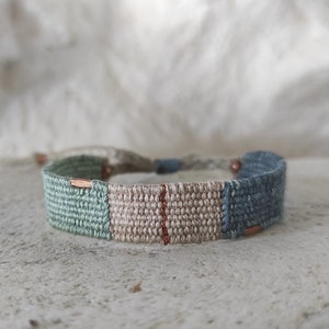 Handwoven Bracelet - Aqua Green, Blue, Sand & Copper - Fiber Bracelet with Silk and Linen - Woven Minimalist Bracelet - Mini Weaving