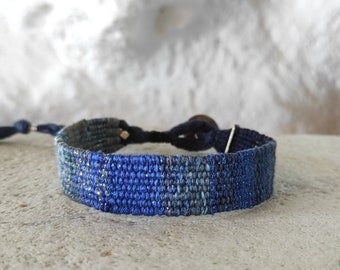 Handwoven Bracelet - Blue Shades with Sparkle - Fiber Bracelet - Linen Silk Cotton - Woven Minimalist Bracelet - Textile Jewelry