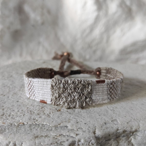 Handwoven Bracelet - White and Oatmeal with Copper - Fiber Bracelet - Linen and Silk - Woven Minimalist Bracelet - Wabi Sabi - Mini Weaving