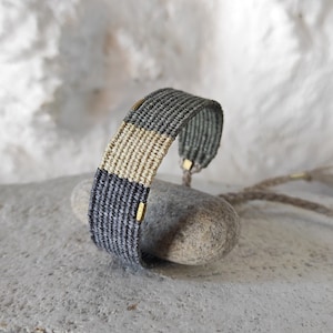 Handwoven Bracelet in Neutral Shades with Brass Beads Natural Fibers Silk and Linen Woven Minimalist Bracelet in Olive Green, Sand, Gray image 1
