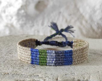 Handwoven Bracelet with fine Sparkle - Fiber Bracelet - Silk and Linen - Blue, Green & Oatmeal - Woven Minimalist Bracelet - Textile Jewelry