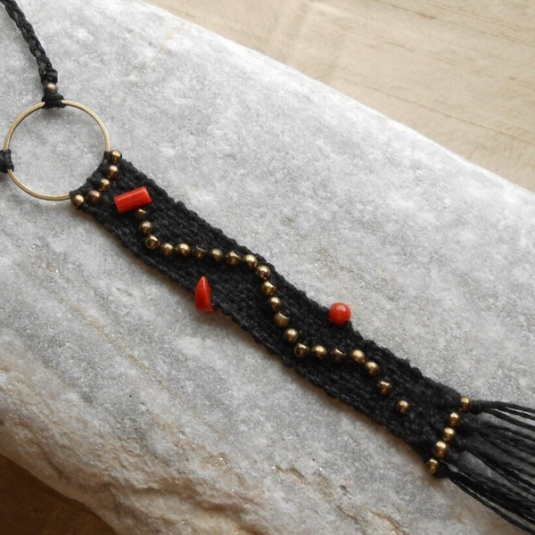 Hand Woven Linen Necklace ~ mini Weaving with Red Coral Gems + Brass Beads ~ textile jewelry ~ fiber art necklace - boho***