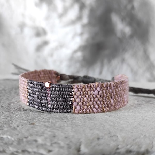 Handwoven Linen Silk Bracelet- Pale Rose, Grey, Rose Gold Beads - Minimalist Fiber Jewelry