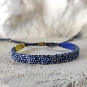 Narrow Woven Bracelet Indigo Blue and Gold - Handwoven Minimalist Bracelet - Fiber Bracelet with Silk Linen & Cotton - Textile Jewelry