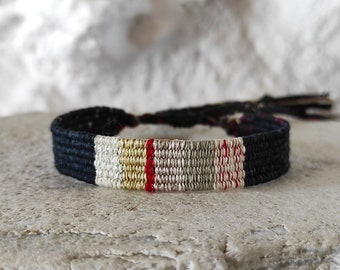 Handwoven Bracelet in Black, Natural White and Red - Fiber Bracelet - Silk Cotton Linen - Woven Minimalist Bracelet - Textile Jewelry