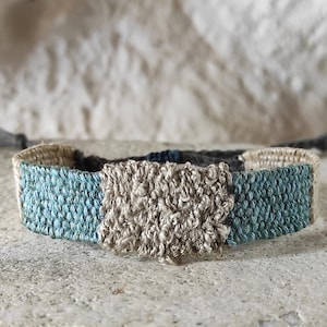 Handwoven Linen Bracelet - Ice Blue and Oatmeal Color - Fiber Bracelet with Natural Undyed Linen - Woven Minimalist Bracelet - Wabi Sabi