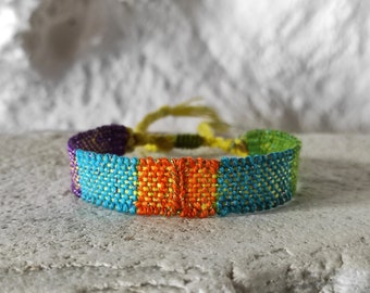 Colorful Handwoven Bracelet with Linen and Metallic Thread - Turquoise Purple Orange Green & Yellow - Sparkling Woven Minimalist Bracelet -