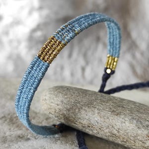 Narrow Woven Bracelet Light Denim Blue and Gold - Fiber Bracelet - Linen Cotton & Lurex - Handwoven Minimalist Bracelet - Textile Jewelry