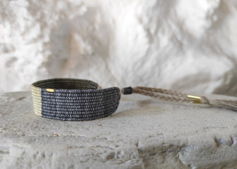 Handwoven Bracelet in Neutral Shades with Brass Beads Natural Fibers Silk and Linen Woven Minimalist Bracelet in Olive Green, Sand, Gray image 3