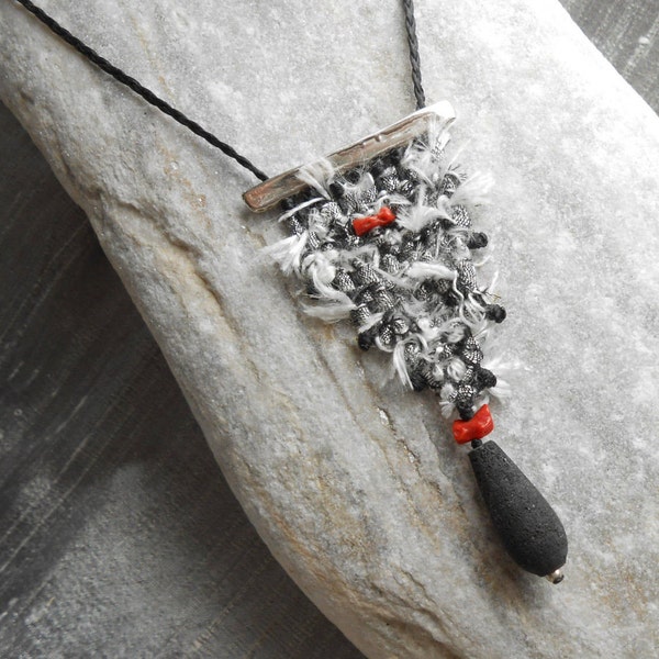 Silk Necklace loom woven - Silver Silk Coral & Lava - handmade mini weaving - black white red - textile jewelry - fiber art - boho