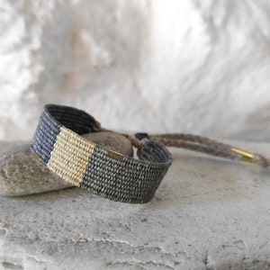 Handwoven Bracelet in Neutral Shades with Brass Beads Natural Fibers Silk and Linen Woven Minimalist Bracelet in Olive Green, Sand, Gray image 7