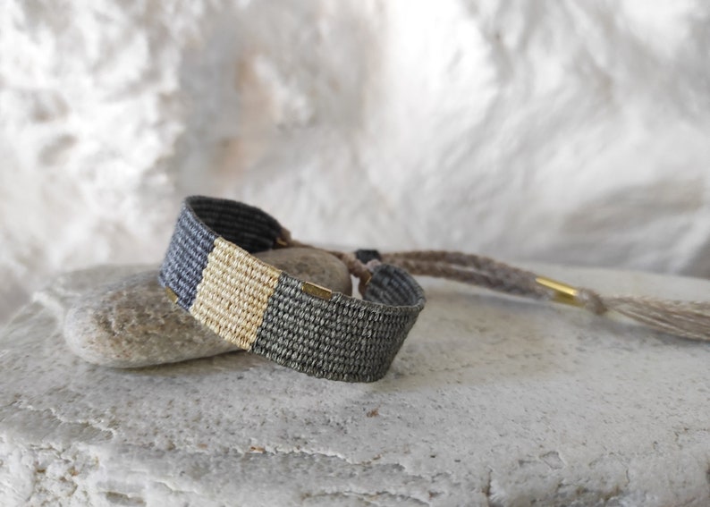 Handwoven Bracelet in Neutral Shades with Brass Beads Natural Fibers Silk and Linen Woven Minimalist Bracelet in Olive Green, Sand, Gray image 7