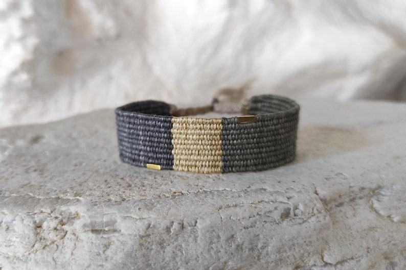 Handwoven Bracelet in Neutral Shades with Brass Beads Natural Fibers Silk and Linen Woven Minimalist Bracelet in Olive Green, Sand, Gray image 4