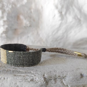 Handwoven Bracelet in Neutral Shades with Brass Beads Natural Fibers Silk and Linen Woven Minimalist Bracelet in Olive Green, Sand, Gray image 8