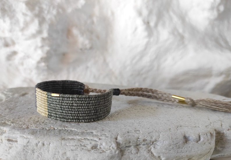 Handwoven Bracelet in Neutral Shades with Brass Beads Natural Fibers Silk and Linen Woven Minimalist Bracelet in Olive Green, Sand, Gray image 8