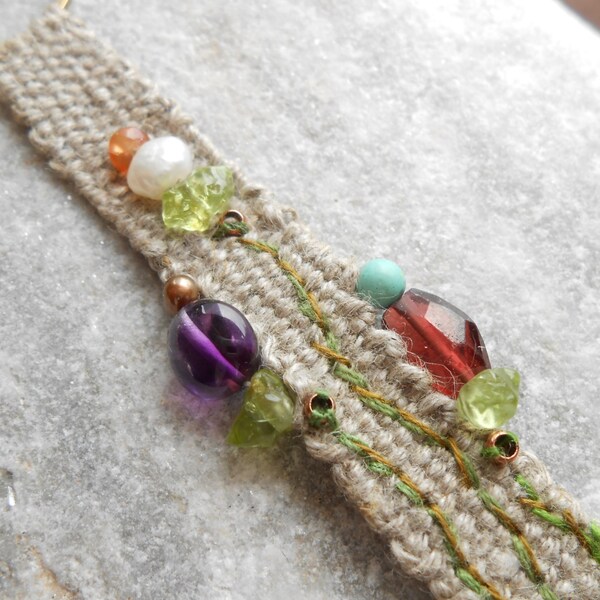 Necklace Linen hand woven & Gems Garnet Amethyst Turquoise Peridot Pearl - 'Spring Flowers' - mini tapestry - textile jewelry - fiber art