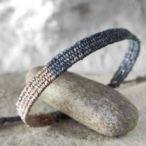 Narrow Woven Bracelet Sparkling Denim Blue & Sand - Handwoven Minimalist Bracelet - Fiber Bracelet - Silk Linen Lurex - Textile Jewelry