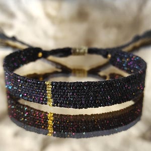 Handwoven Bracelet Black with Rainbow Sparkle - Fiber Art Bracelet - Linen and Lurex - Textile Jewelry - Woven Minimalist Bracelet