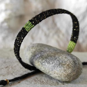 Narrow Woven Bracelet with Sparkle - Black, Gold and Green - Handwoven Minimalist Bracelet - Hand Loomed - Textile Jewelry