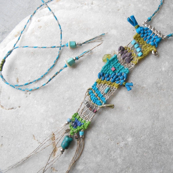 Hand Woven Mini Tapestry Necklace - Linen Silk & Sterling Silver with Gems - turquoise green - freeform weaving - fiber art Necklace***