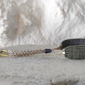 Handwoven Bracelet in Neutral Shades with Brass Beads Natural Fibers Silk and Linen Woven Minimalist Bracelet in Olive Green, Sand, Gray image 5