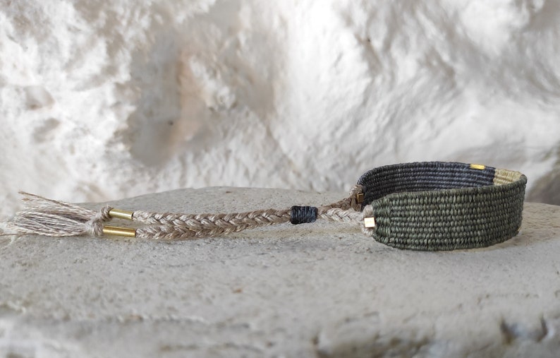 Handwoven Bracelet in Neutral Shades with Brass Beads Natural Fibers Silk and Linen Woven Minimalist Bracelet in Olive Green, Sand, Gray image 5