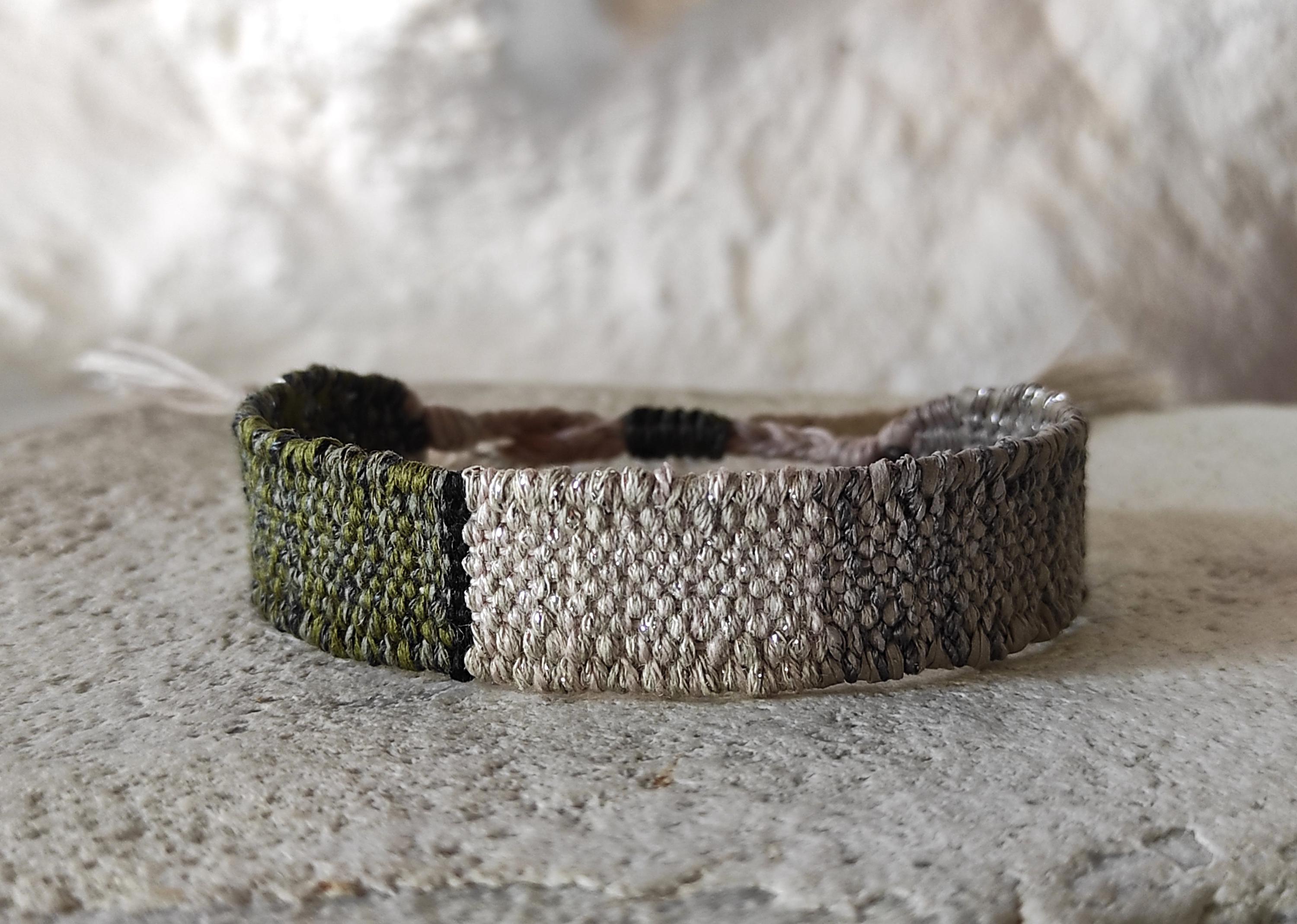 Pulsera de fibra tejida a mano: verde oliva, gris, plata Lino