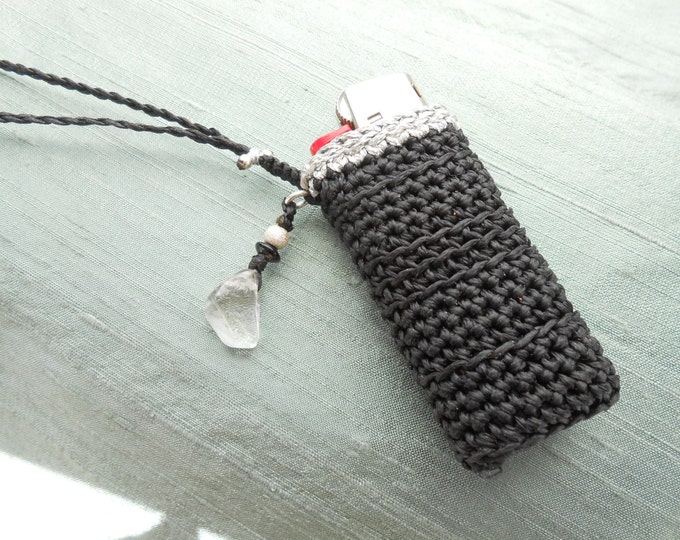 Lighter Holder Necklace Lighter Case Black With Lurex, Silver & Rock