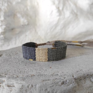 Handwoven Bracelet in Neutral Shades with Brass Beads Natural Fibers Silk and Linen Woven Minimalist Bracelet in Olive Green, Sand, Gray image 2