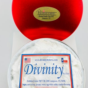 2.5 Lb. Divinity Gift Tin. Fluffy and moist with a wonderful flavor. With or without pecans. One large chunk. (Not Pieces) (Wt. 2.5 lbs)