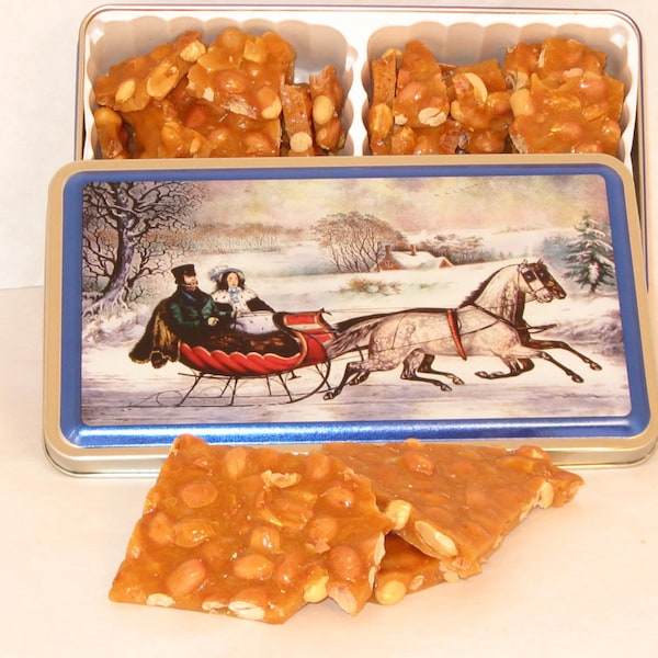 This crunchy delight is loaded with peanuts or Texas Pecans. This crunchy and delicious treat comes in a season gift tin.