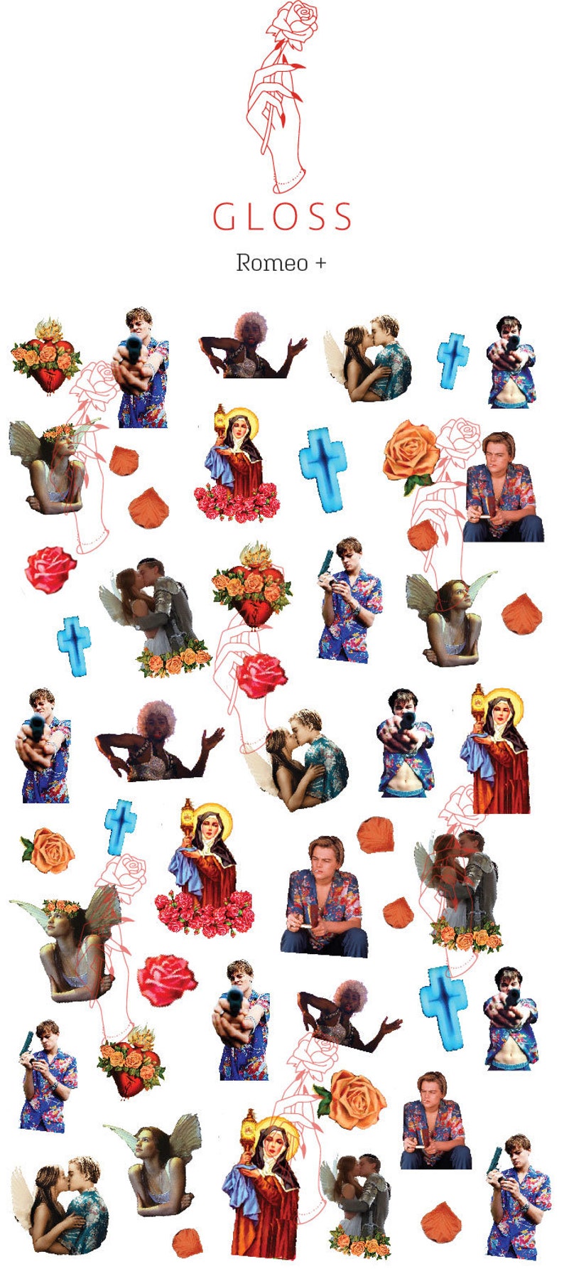 May include: A collage of images featuring a rose, a cross, and various people. The text "GLOSS Romeo +" is at the top of the image.
