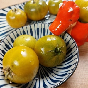 May include: A red ceramic alligator figurine holding a bowl of green tomatoes. The bowl is white with blue stripes.