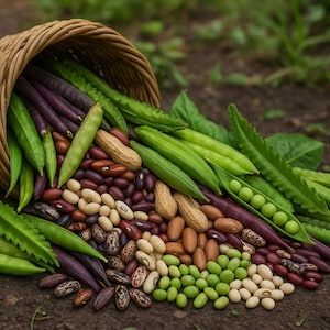 Può includere: Un cesto di vimini rovesciato, che versa un assortimento colorato di prodotti freschi. Fagiolini, fagioli viola e vari tipi di fagioli e arachidi sono sparsi sul terreno, mostrando un tema di raccolto.