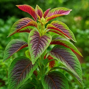 Pode incluir: Uma planta de amaranto vibrante com folhas pontiagudas e ovais que apresentam um gradiente de cor marcante. A folhagem transita de um roxo escuro e magenta no centro de cada folha para bordas verde-limão brilhantes, com nervuras proeminentes.