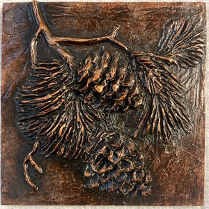 Pinecone Tile #2 - 4x4 inches hand poured, real Pewter metal, (not resin) in Montana, rustic log home decor.
