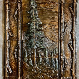 Pine Tree triple Tile Left mosaic 8x16 hand poured with real Pewter metal in Montana.