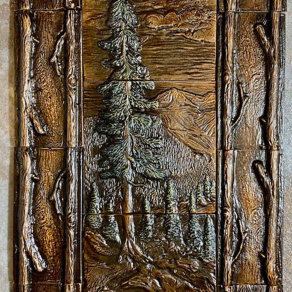 Pine Tree triple Tile Left mosaic 8x16 hand poured with real Pewter metal in Montana.