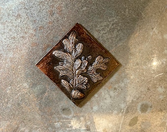 Oak leaf & acorn Tile - 4x4 inches hand poured with real Pewter metal (not resin)in Montana.