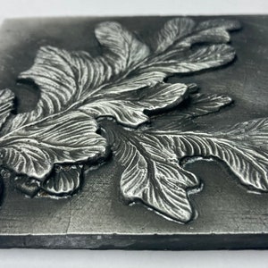 Oak leaf & acorn Tile - 4x4 inches hand poured with real Pewter metal (not resin)in Montana. Slate patina gray/tan