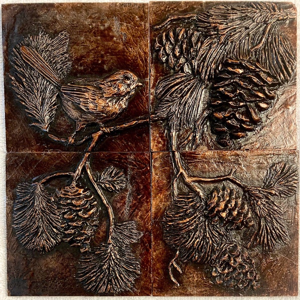 Pinecone & ChickadeeTile mosaic-8x8 inches total size, hand cast metal. You can also buy tiles seperately and create your own mosaic design!